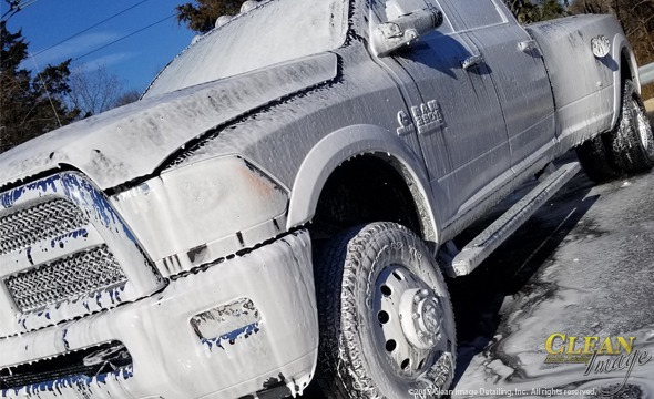 Gray RAM truck with foam bath.
