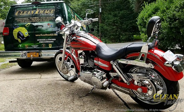 Red Harley Davidson with chrome all cleaned and ready to go!