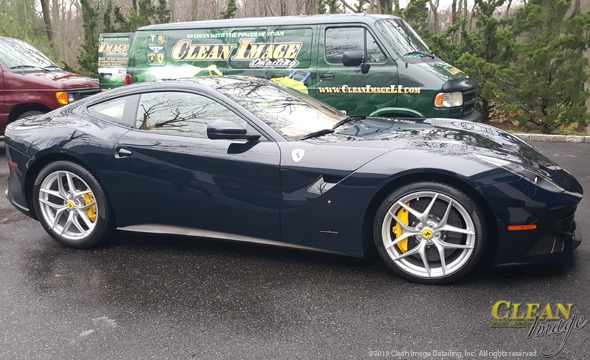 Blue Ferrari California after detailing.