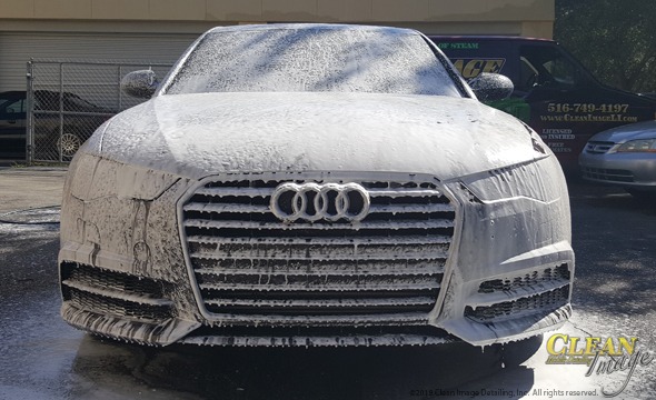 Mobile Detailing: Black Audi A6 in foam bath.